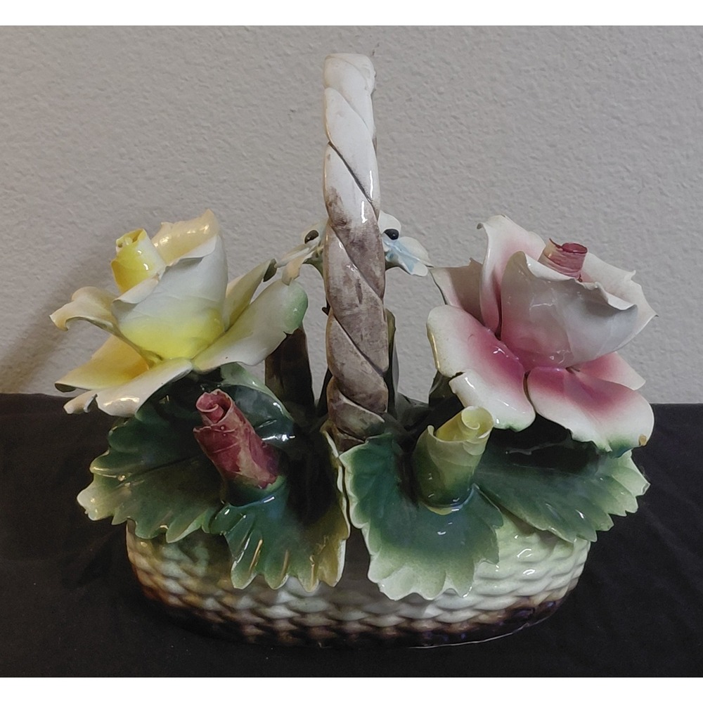 Vintage Nuova Capodimonte Italy Porcelain Flower Basket Large Roses Centerpiece